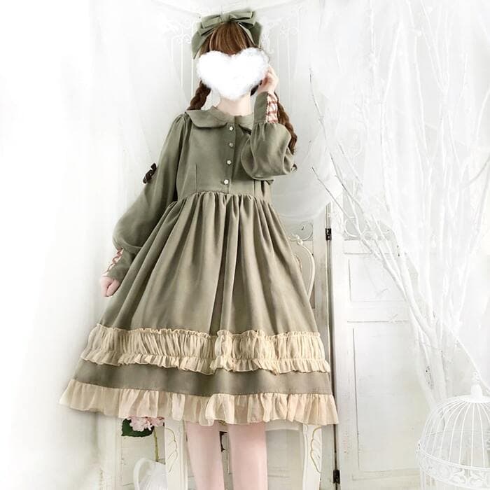 ロリータファッション 【クラシカルロリータ】ペールグリーンガーリーフリルワンピース