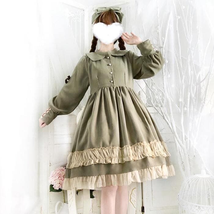 ロリータファッション 【クラシカルロリータ】ペールグリーンガーリーフリルワンピース
