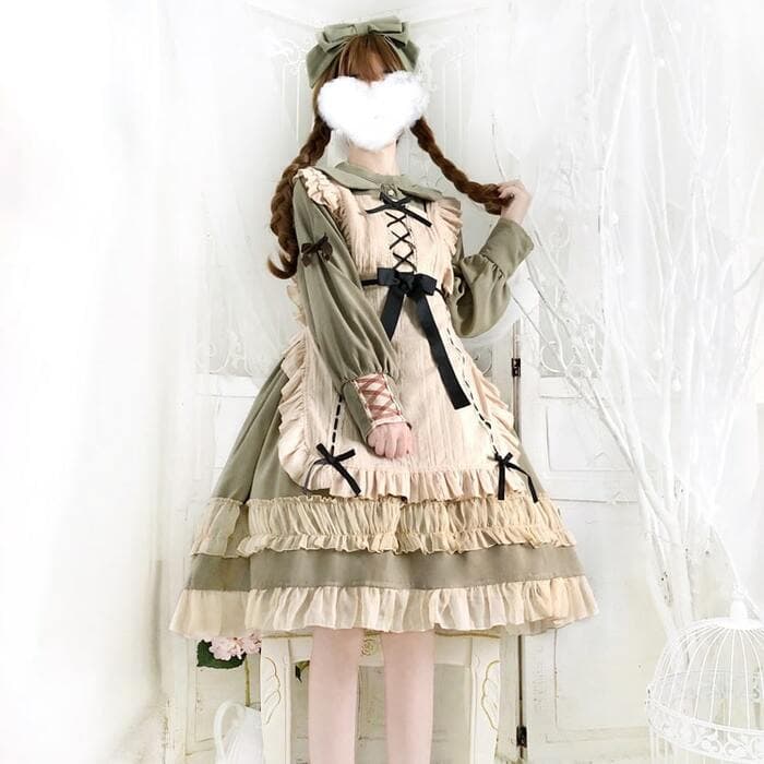 ロリータファッション 【クラシカルロリータ】ペールグリーンガーリーフリルワンピース