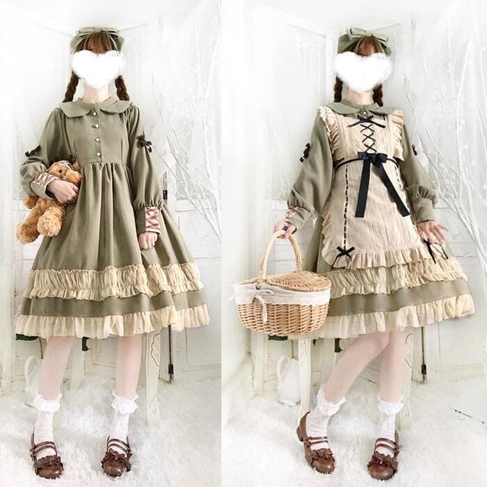 ロリータファッション 【クラシカルロリータ】ペールグリーンガーリーフリルワンピース