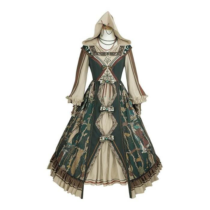 ロリータファッション 【クラシカルロリータ】ダークグリーンダイヤオープンレトロフリルドレスワンピース