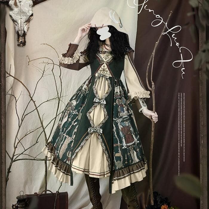 ロリータファッション 【クラシカルロリータ】ダークグリーンダイヤオープンレトロフリルドレスワンピース