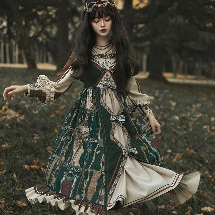 ロリータファッション 【クラシカルロリータ】ダークグリーンダイヤオープンレトロフリルドレスワンピース