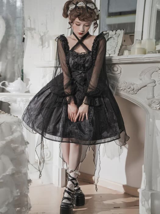 ロリータファッション 【ゴスロリ】ブラックレースロリィタワンピース
