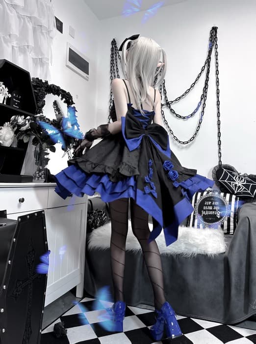 ロリータファッション 【ゴスロリ】ハロウィンブラックローズバックリボンミニワンピース