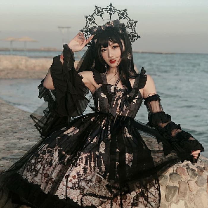 ロリータファッション 【ゴスロリ】スカルゴーストハロウィンナイトドレスワンピース