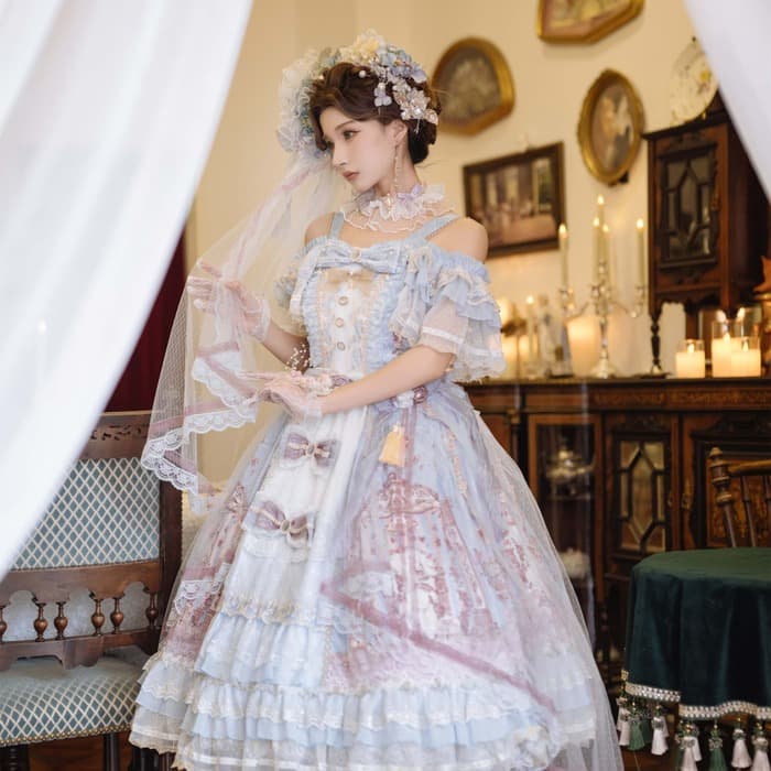 ロリータファッション 【クラシカルロリータ】シャーリングレースフリルシフォンスカートドレス