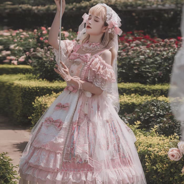 ロリータファッション 【クラシカルロリータ】シャーリングレースフリルシフォンスカートドレス