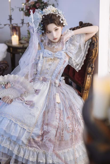 ロリータファッション 【クラシカルロリータ】シャーリングレースフリルシフォンスカートドレス