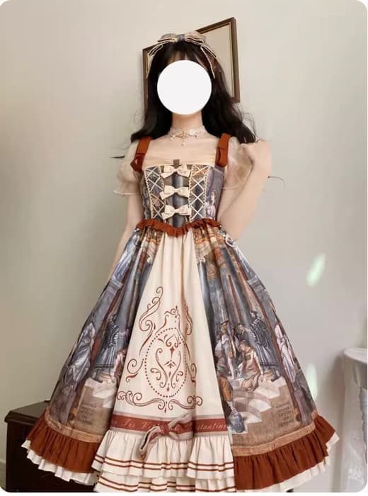 ロリータファッション 【クラシカルロリータ】絵画柄デザインパフスリーブワンピース