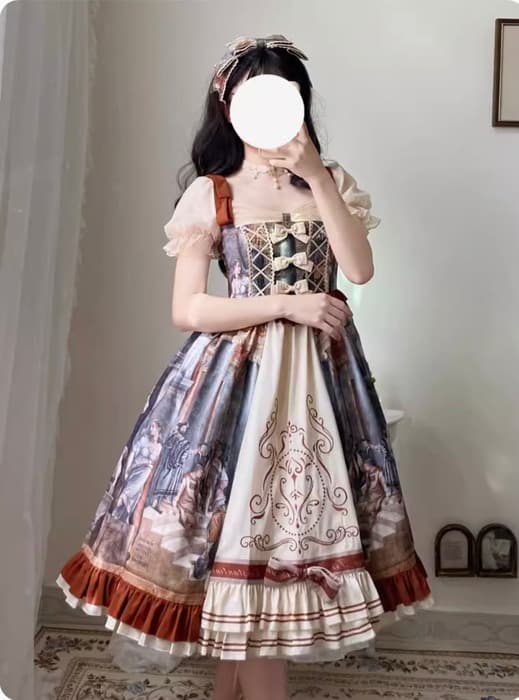 ロリータファッション 【クラシカルロリータ】絵画柄デザインパフスリーブワンピース