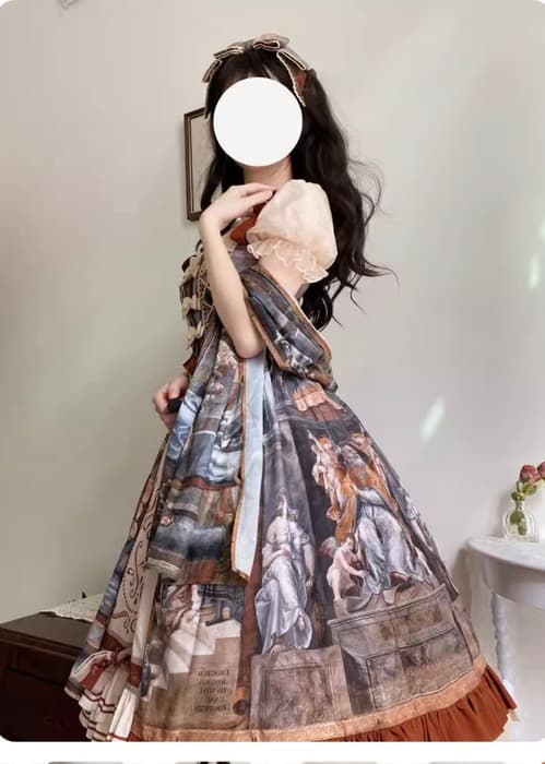 ロリータファッション 【クラシカルロリータ】絵画柄デザインパフスリーブワンピース