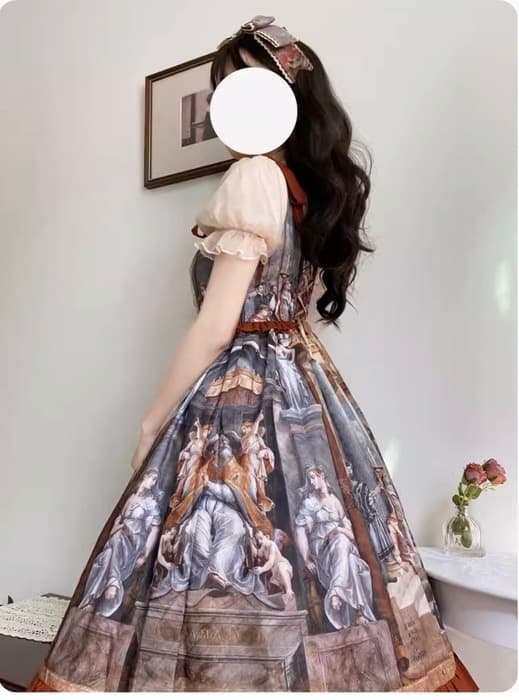 ロリータファッション 【クラシカルロリータ】絵画柄デザインパフスリーブワンピース