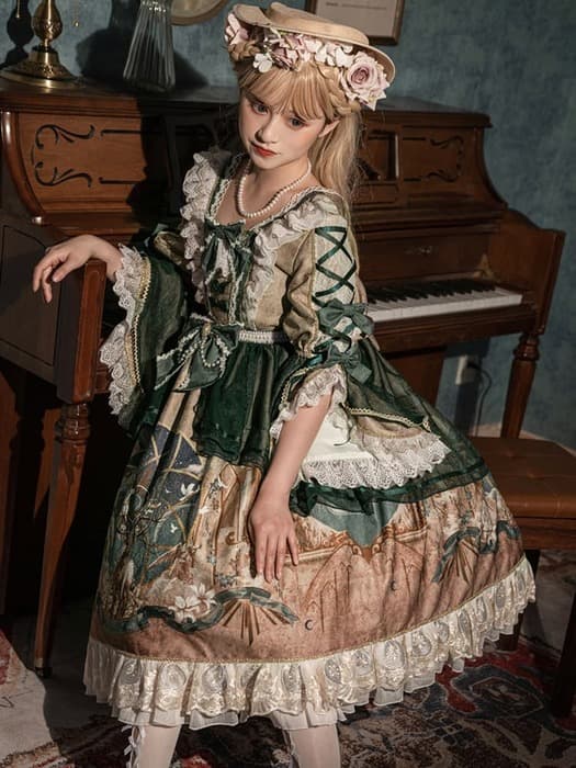 ロリータファッション 【クラシカルロリータ】エレガントロイヤルクラシックグリーンドレス