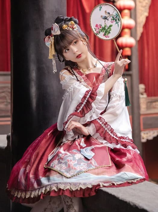 ロリータファッション 【中華ロリータ】フレアスカートフリルチャイナミニワンピース