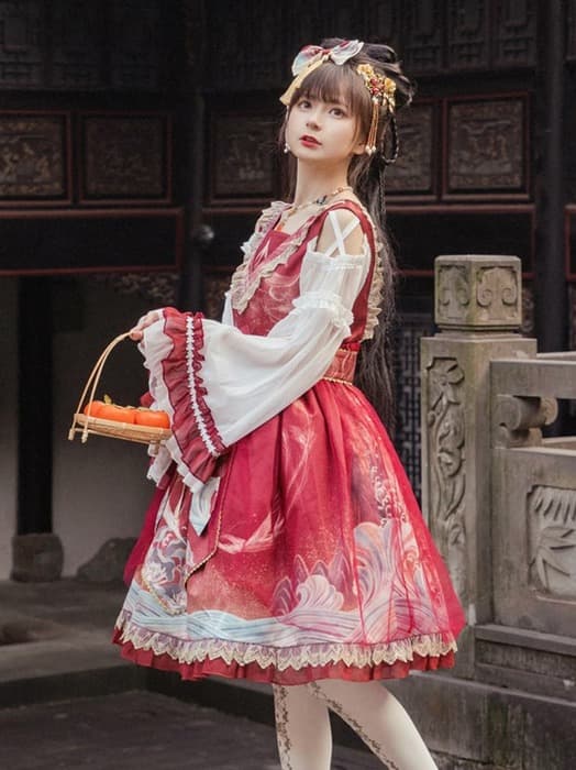 ロリータファッション 【中華ロリータ】フレアスカートフリルチャイナミニワンピース