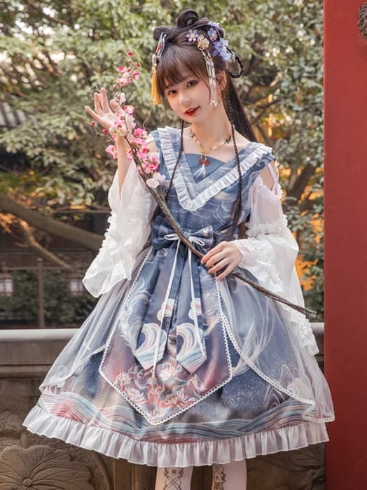 ロリータファッション 【中華ロリータ】フレアスカートフリルチャイナミニワンピース