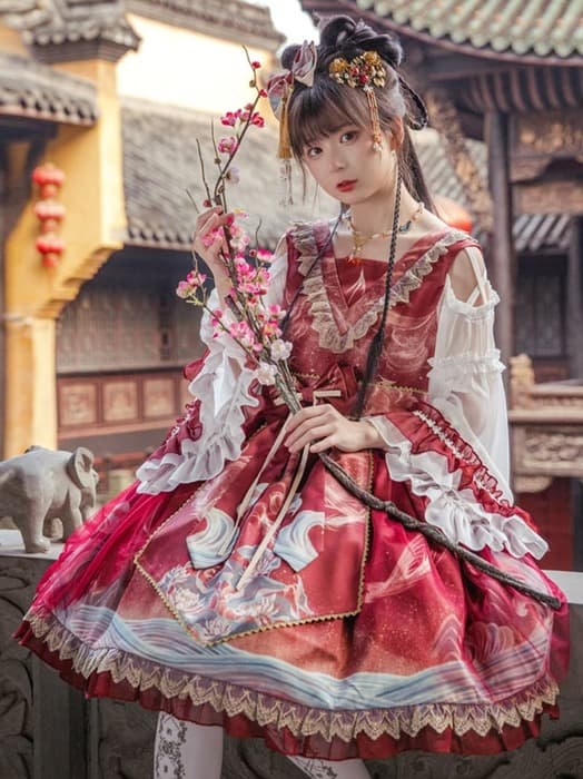ロリータファッション 【中華ロリータ】フレアスカートフリルチャイナミニワンピース