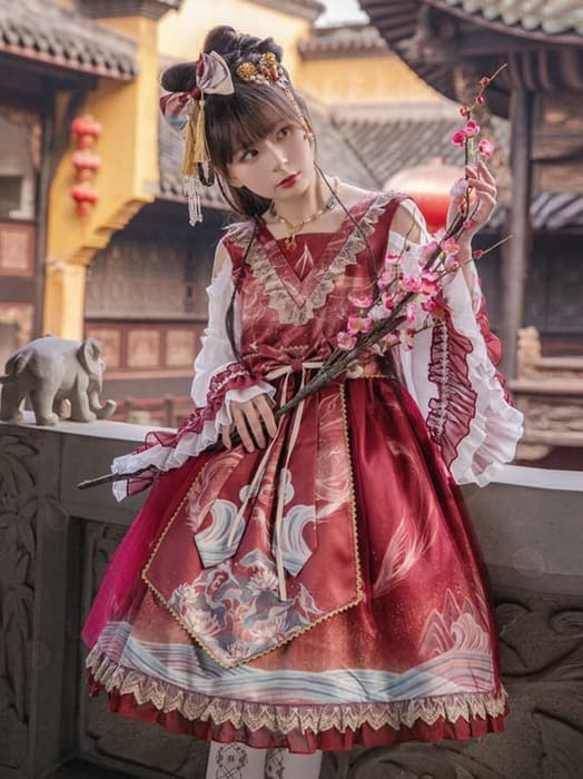 ロリータファッション 【中華ロリータ】フレアスカートフリルチャイナミニワンピース
