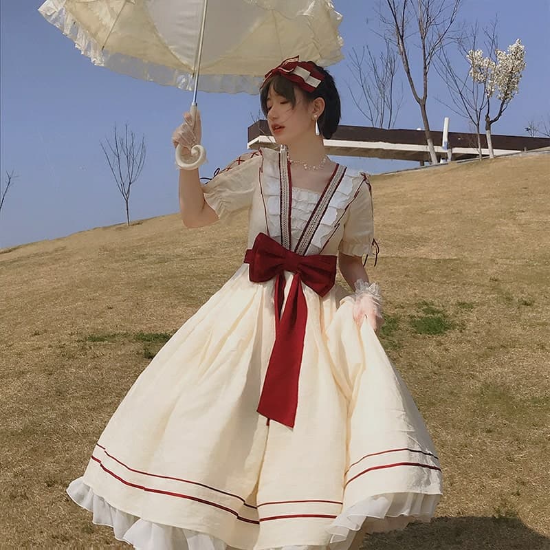ロリータファッション 【クラシカルロリータ】ハイウエストコントラストカラードレス