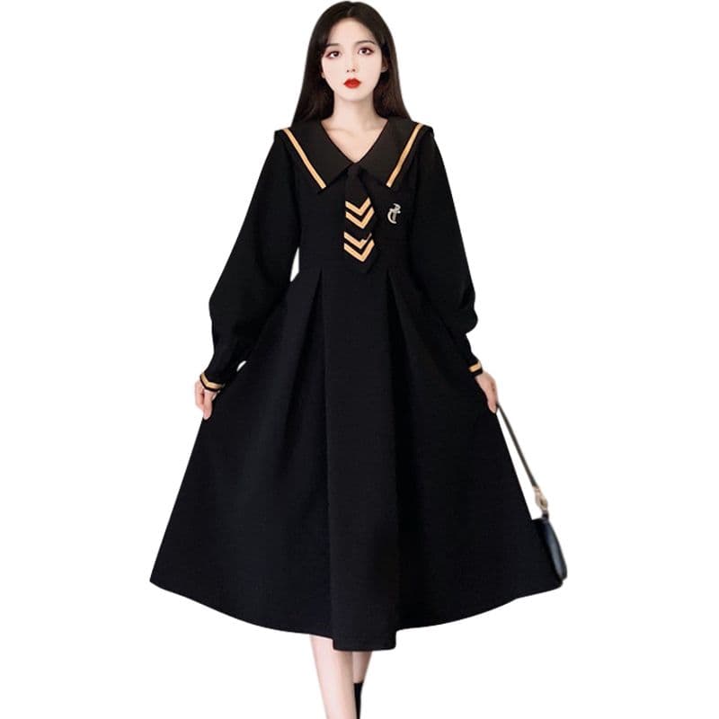 ロリータファッション【ゴスロリ】制服風 シンプル長袖ブラックワンピース