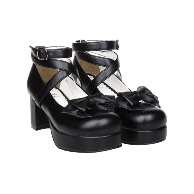 ロリータファッション【ゴスロリ】クロスベルトリボンヒール ロリータ靴