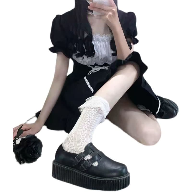 ロリータファッション【ゴスロリ】ハイウエストレースアップリボンブラックドレスミニワンピース