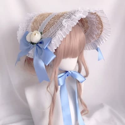 【甘ロリータ】麦わらの白リボンボンネット ロリータファッション