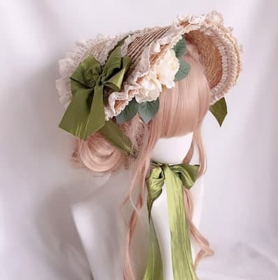 【甘ロリータ】麦わらの白リボンボンネット ロリータファッション