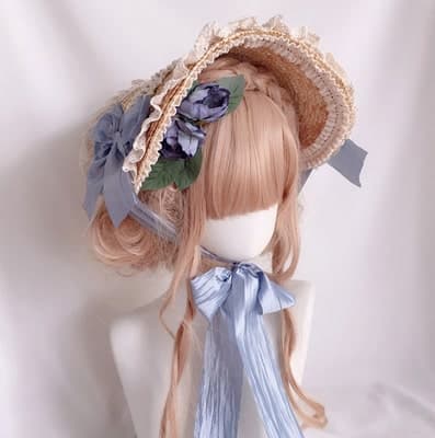 【甘ロリータ】麦わらの白リボンボンネット ロリータファッション