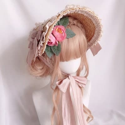 【甘ロリータ】麦わらの白リボンボンネット ロリータファッション