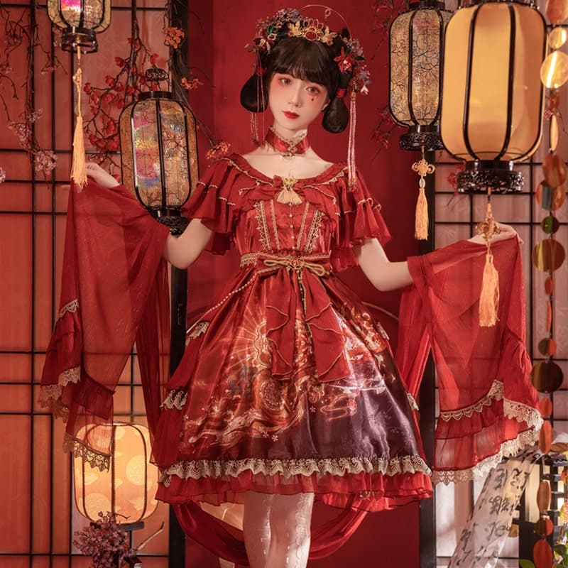 ロリータファッション 【中華ロリータ】チャイナレディシアードレープドレスワンピース