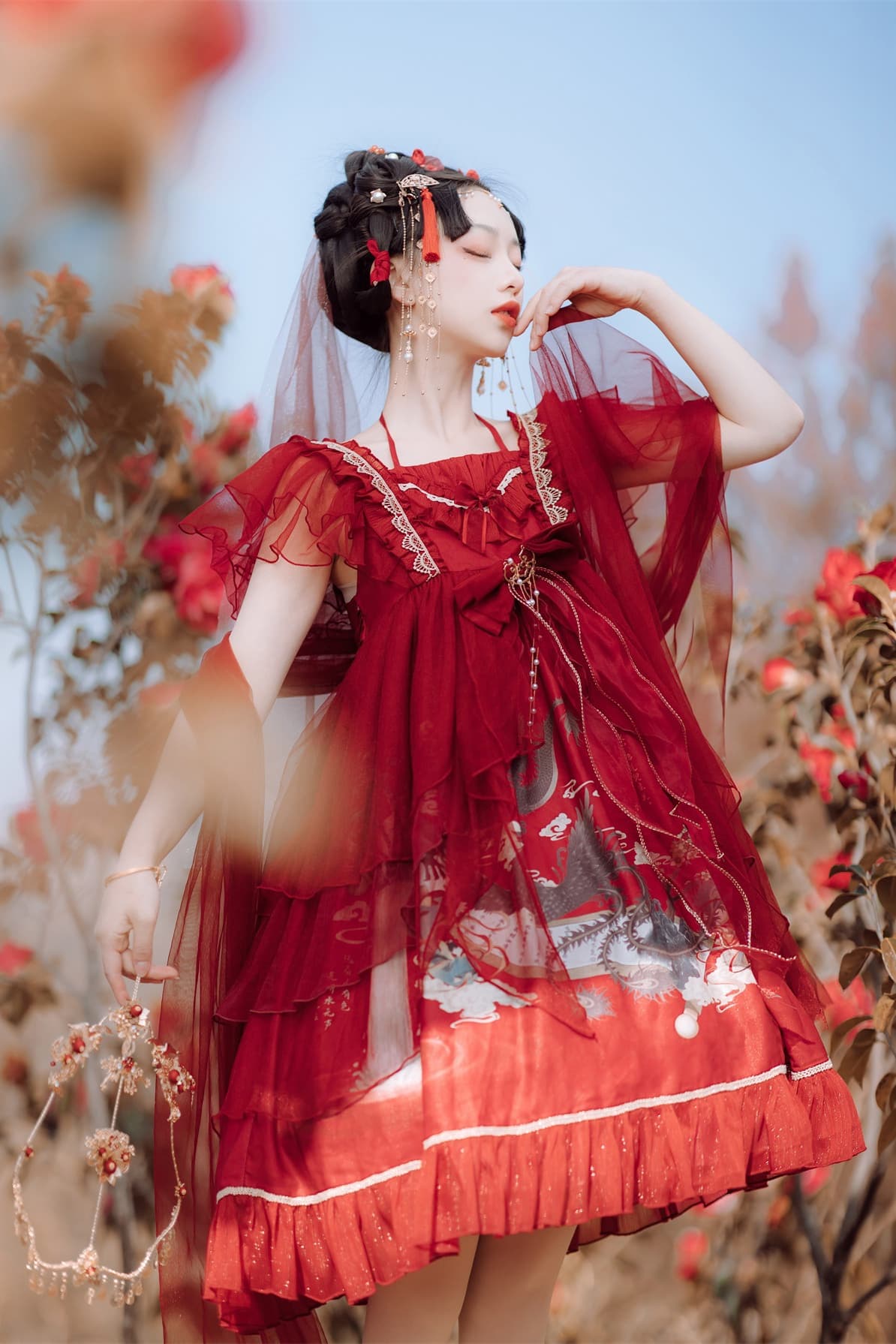 【甘ロリータ】中華風スウィートレッドドレス