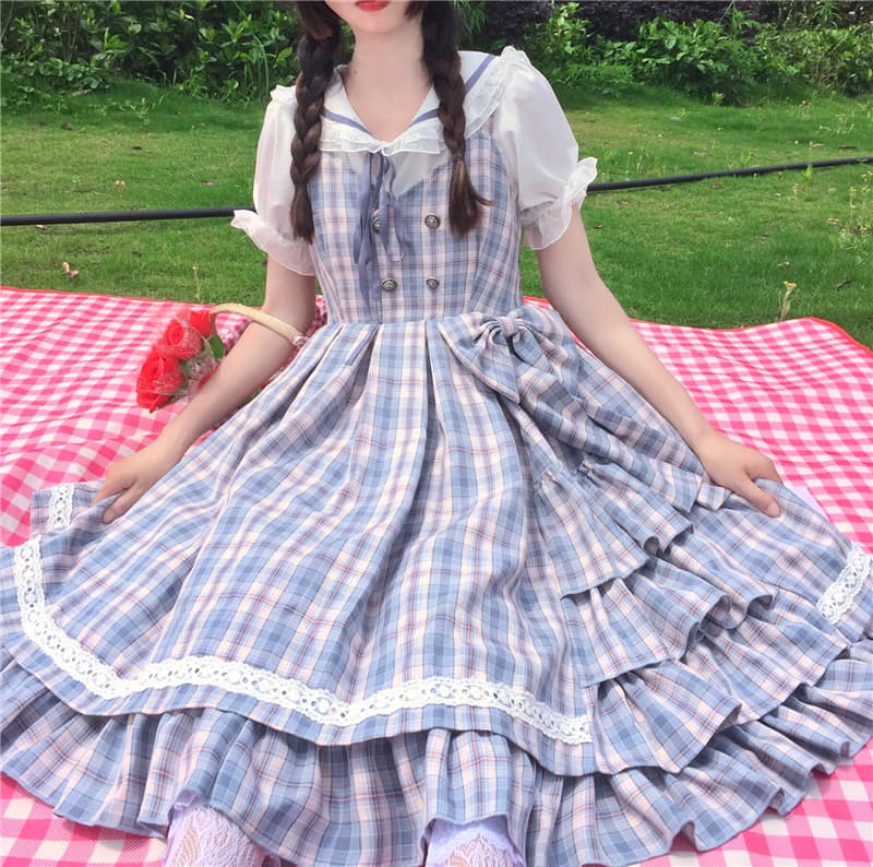 【甘ロリータ】ネイビーチェックロリータドレス