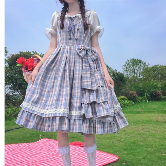【甘ロリータ】ネイビーチェックロリータドレス