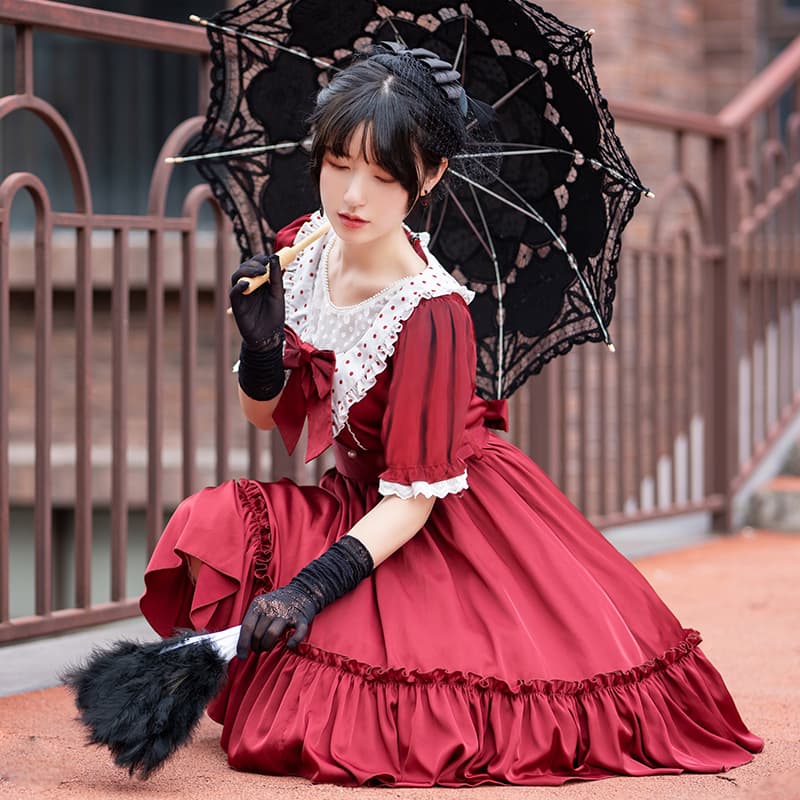 ロリータファッション 【クラシカルロリータ】オリジナルレッドエレガントドレスロリータ