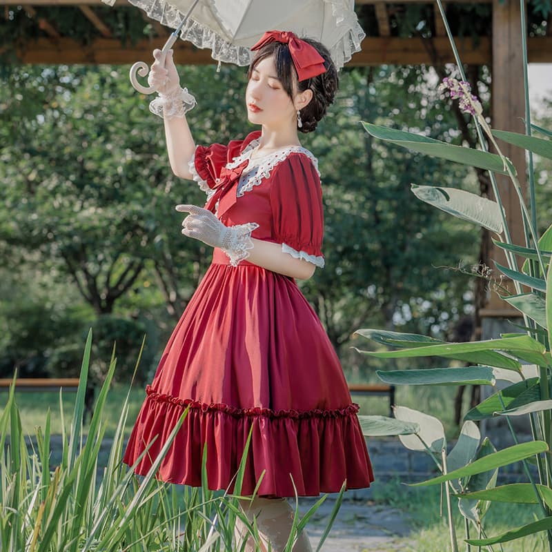 ロリータファッション 【クラシカルロリータ】オリジナルレッドエレガントドレスロリータ