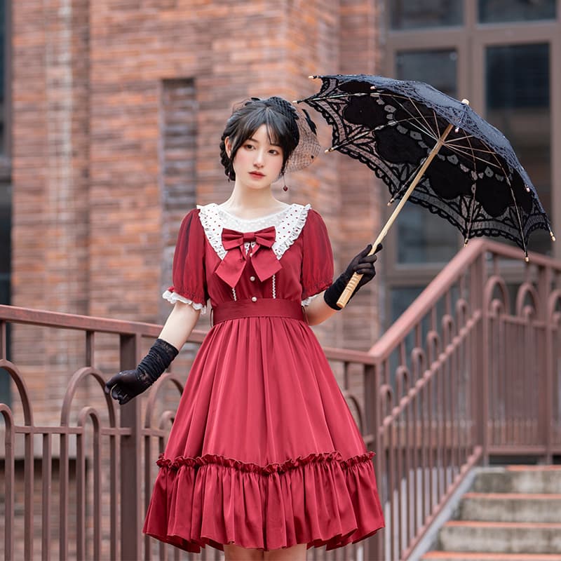ロリータファッション 【クラシカルロリータ】オリジナルレッドエレガントドレスロリータ