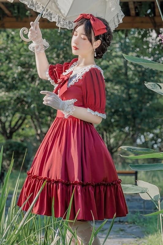 ロリータファッション 【クラシカルロリータ】オリジナルレッドエレガントドレスロリータ