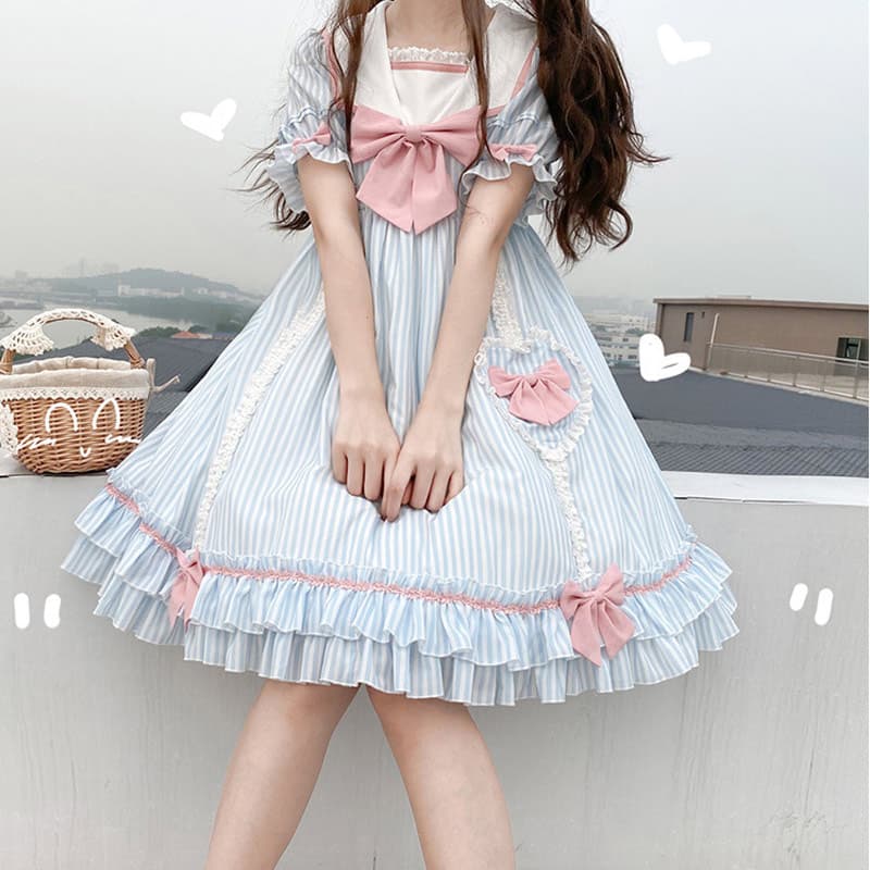 ロリータファッション【甘ロリータ】夢かわパステルツインカラーストライプワンピース