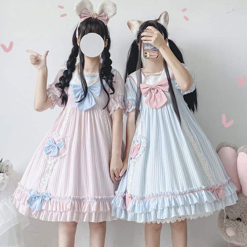 ロリータファッション【甘ロリータ】夢かわパステルツインカラーストライプワンピース