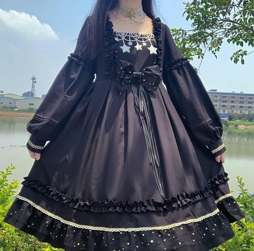 ロリータファッション 【ゴスロリ】スターナイトブラックレースミニドレスワンピース