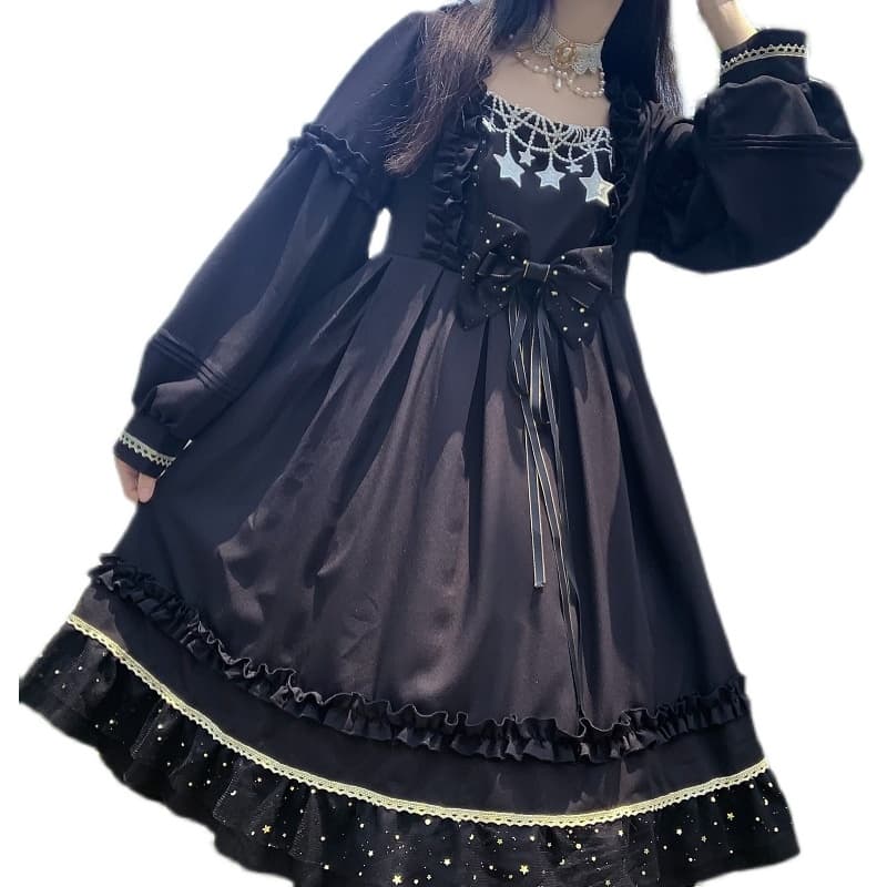 ロリータファッション 【ゴスロリ】スターナイトブラックレースミニドレスワンピース