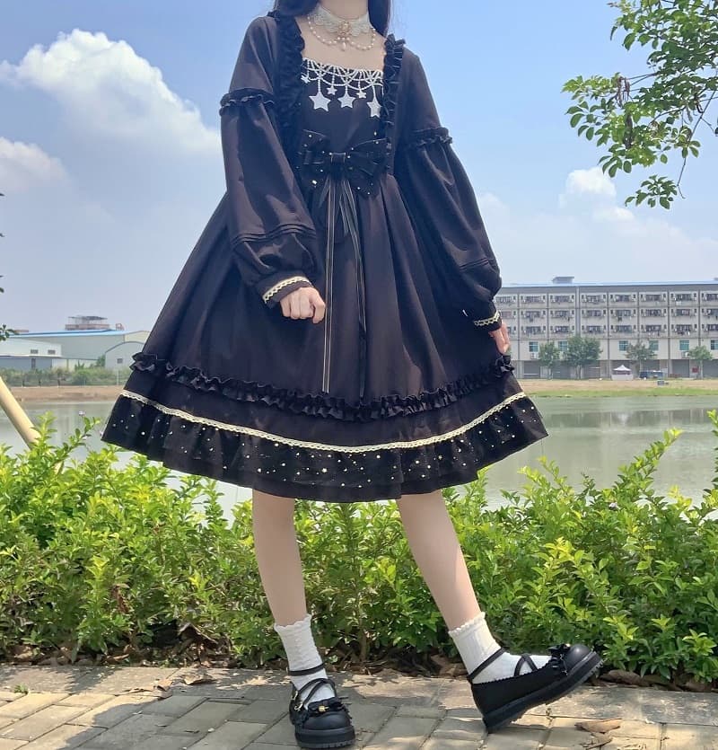 ロリータファッション 【ゴスロリ】スターナイトブラックレースミニドレスワンピース