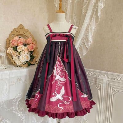 【中華ロリータ】チャイナ風鶴柄サスペンダースカート