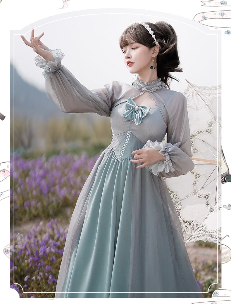 ロリータファッション 【クラシカルロリータ】エレガントハイウエストシフォンドレス