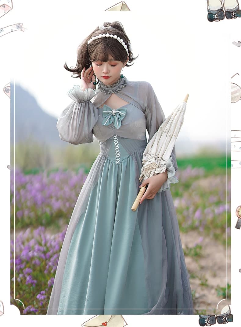 ロリータファッション 【クラシカルロリータ】エレガントハイウエストシフォンドレス