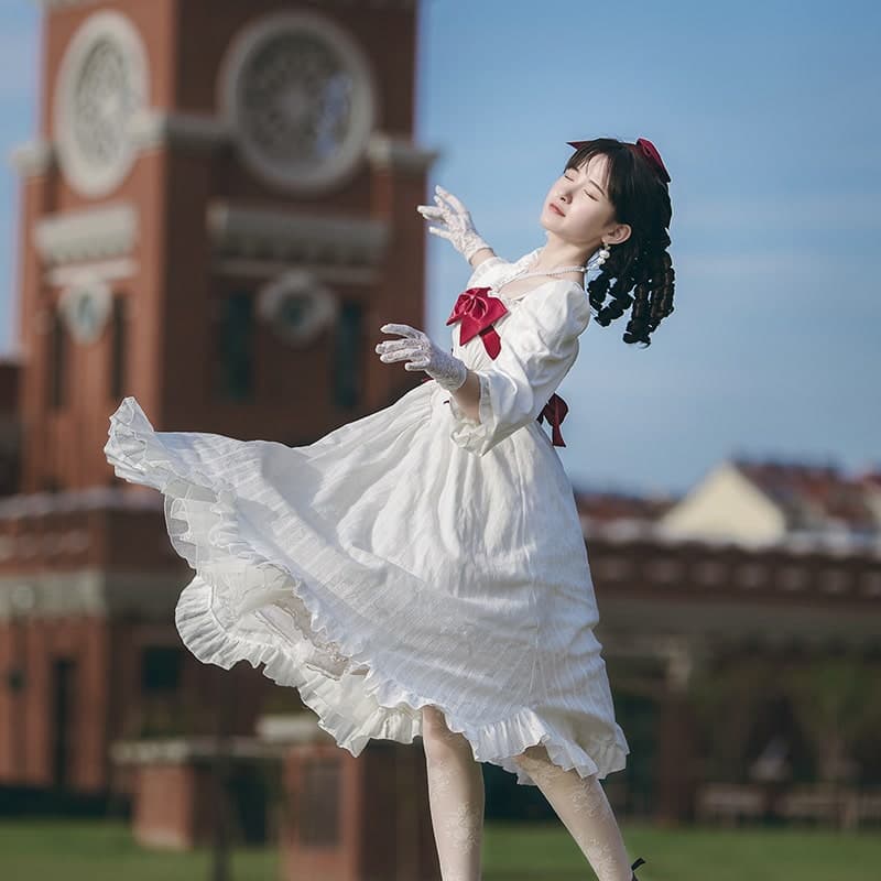 ロリータファッション 【クラシカルロリータ】 スカーレットトップリボンスノーホワイトドレス