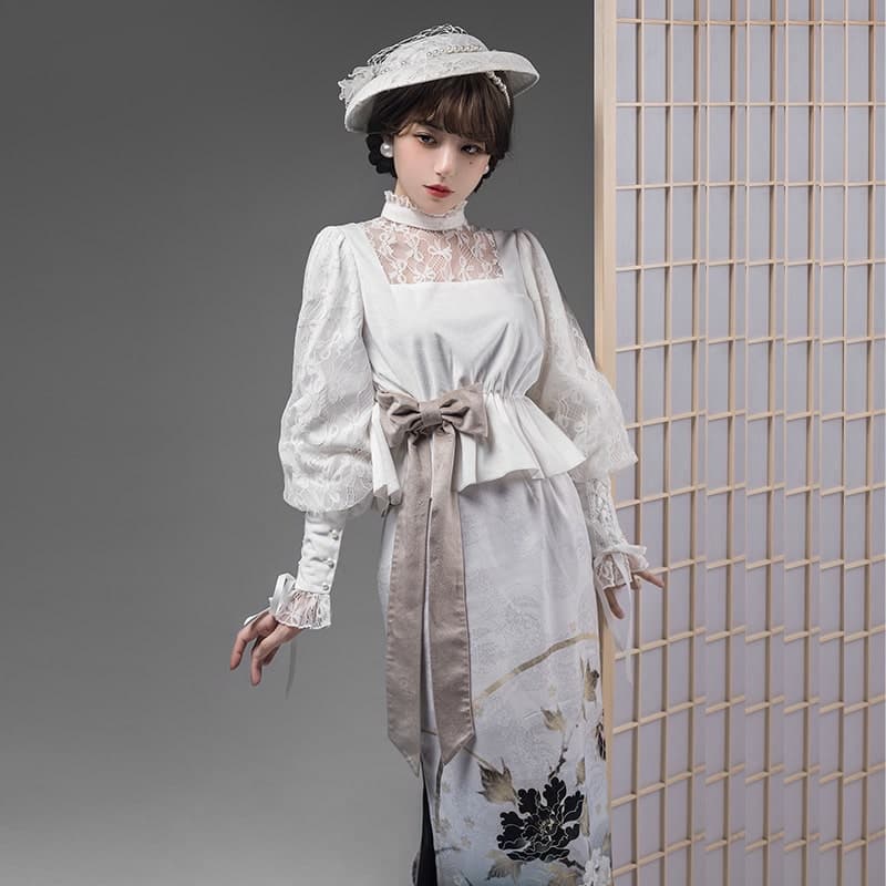 ロリータファッション【和風ロリータ】スリーブフィッシュテールスカートドレス