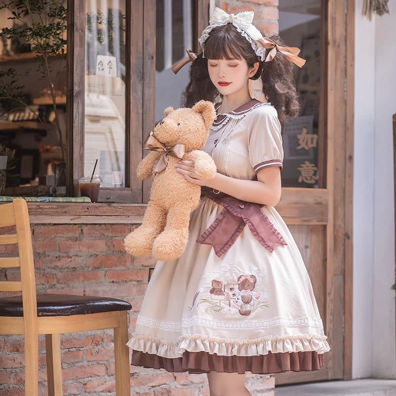 ロリータファッション 【クラシカルロリータ】クマの刺繡が可愛いスカート